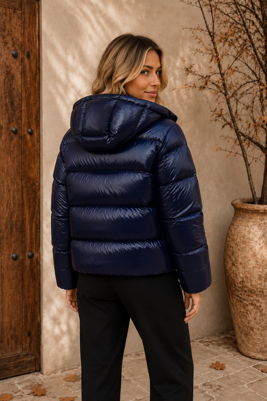Blue women's shiny puffer jacket with hood