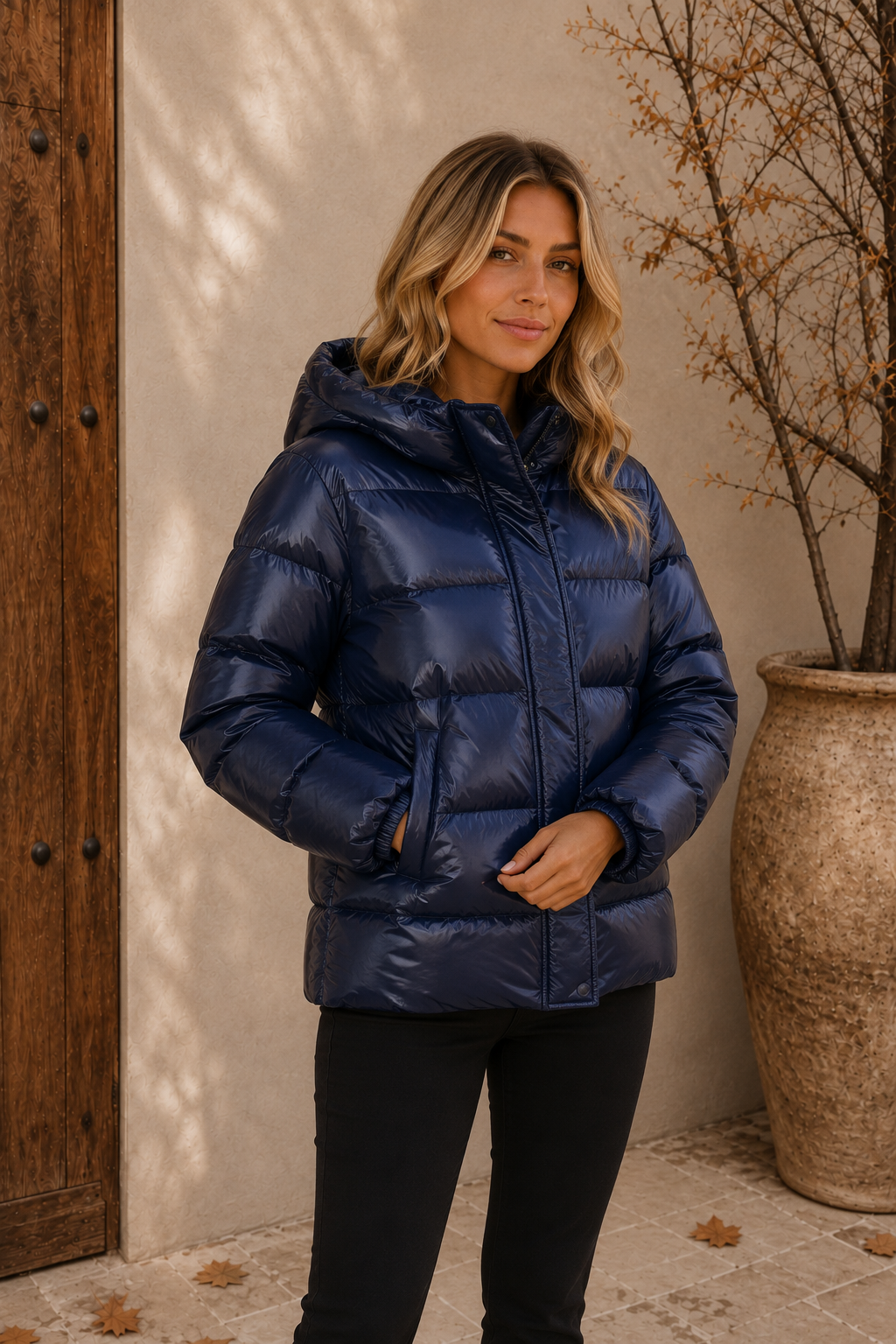 Blue women's quilted puffer jacket