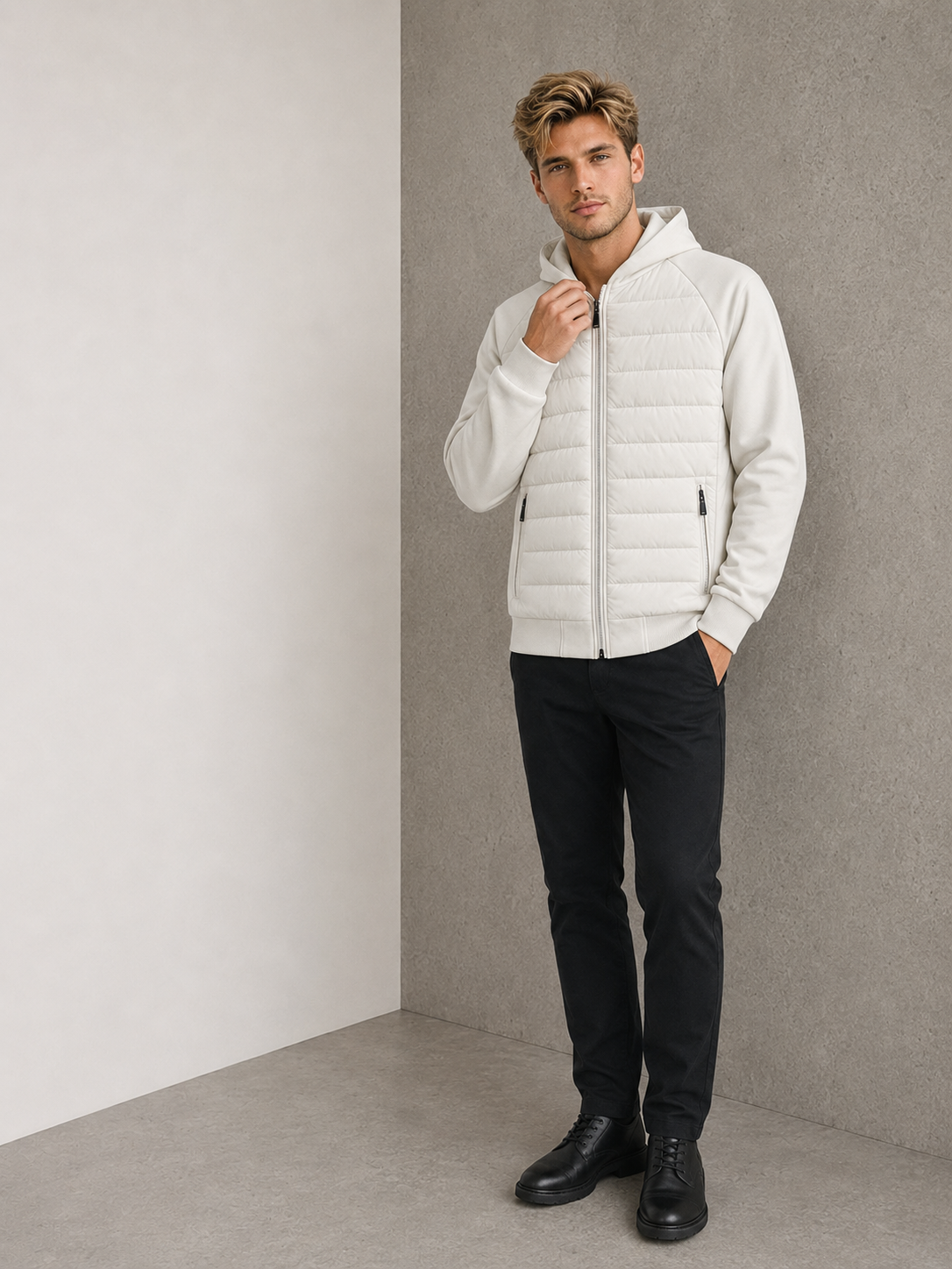 Man wearing a white padded hybrid jacket with hood