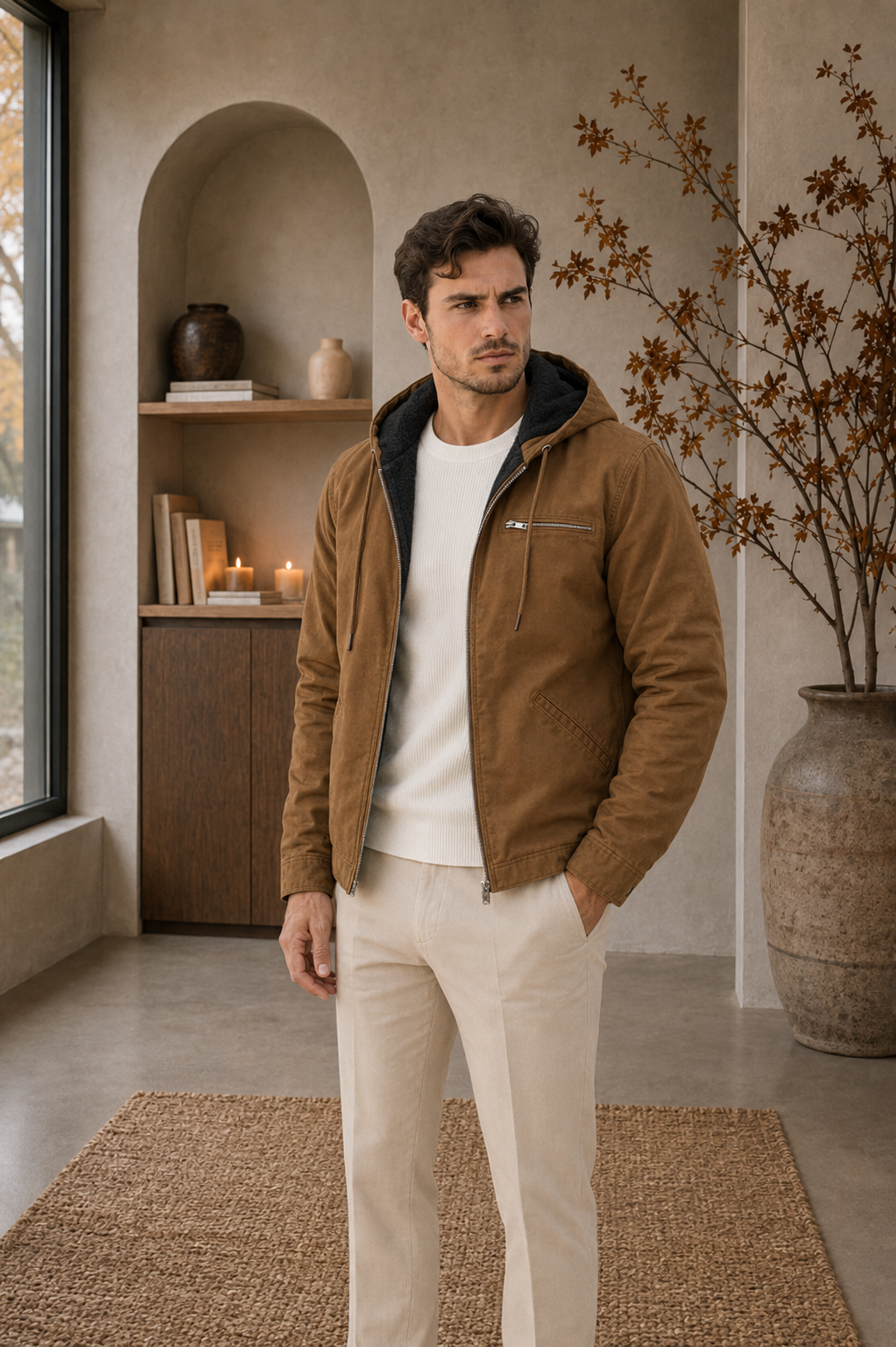 Brown men's hooded lined jacket with front zipper