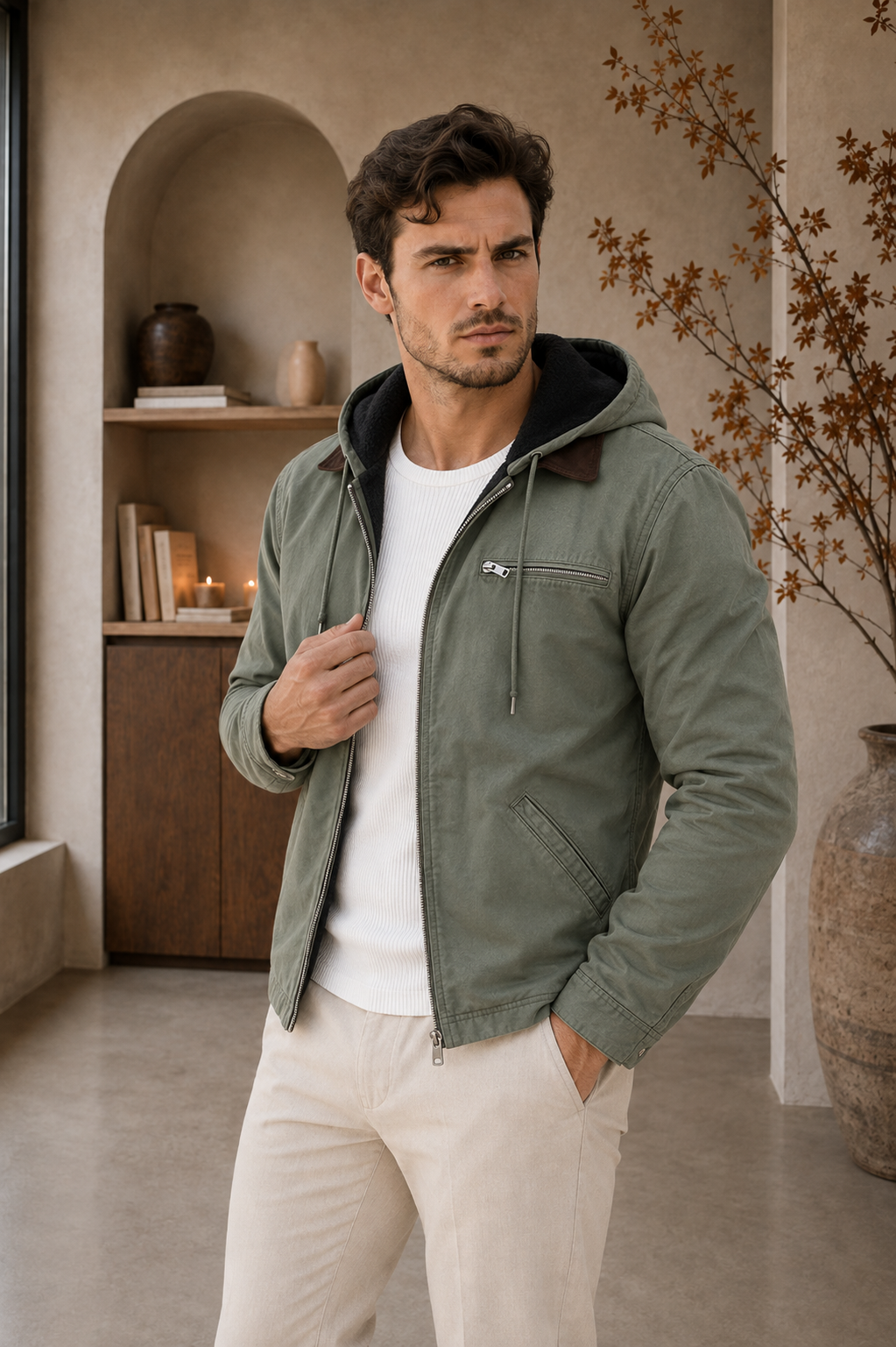 Gray green men's hooded jacket with soft lining