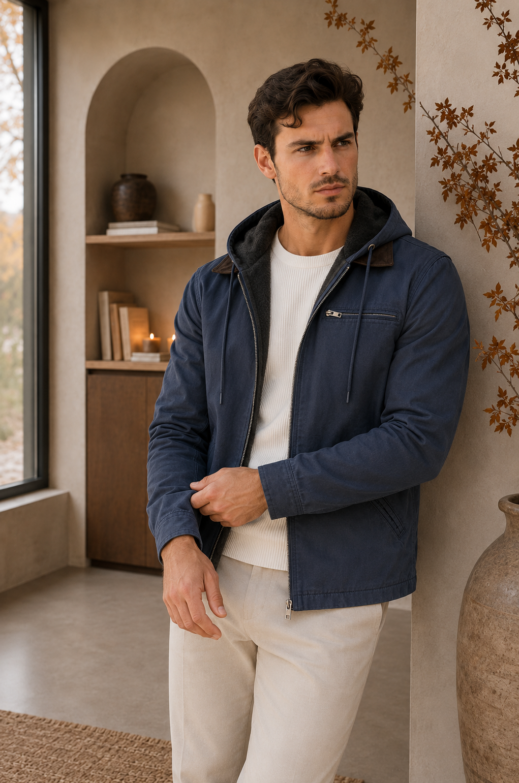Blue men's hooded lined jacket with front zipper