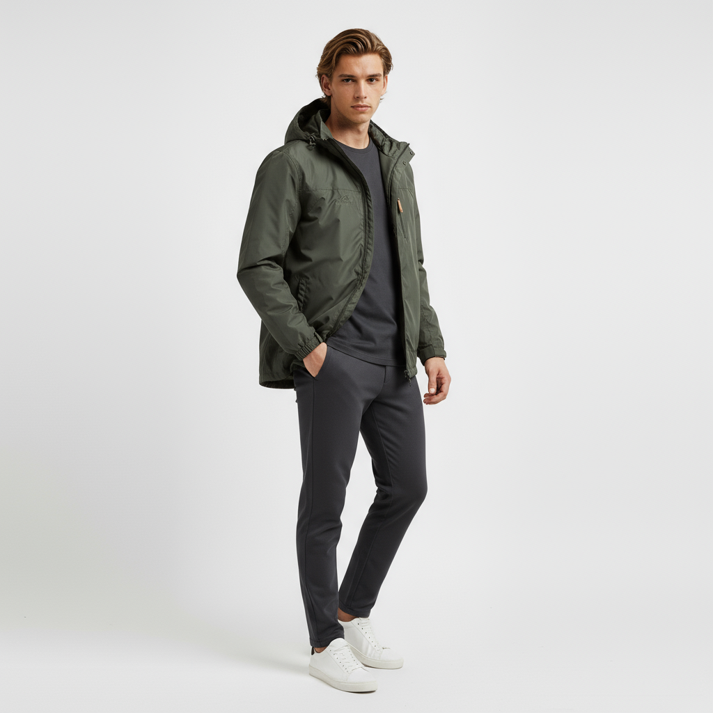 Funktionell outdoorjacka med dragkedja och huva för herr