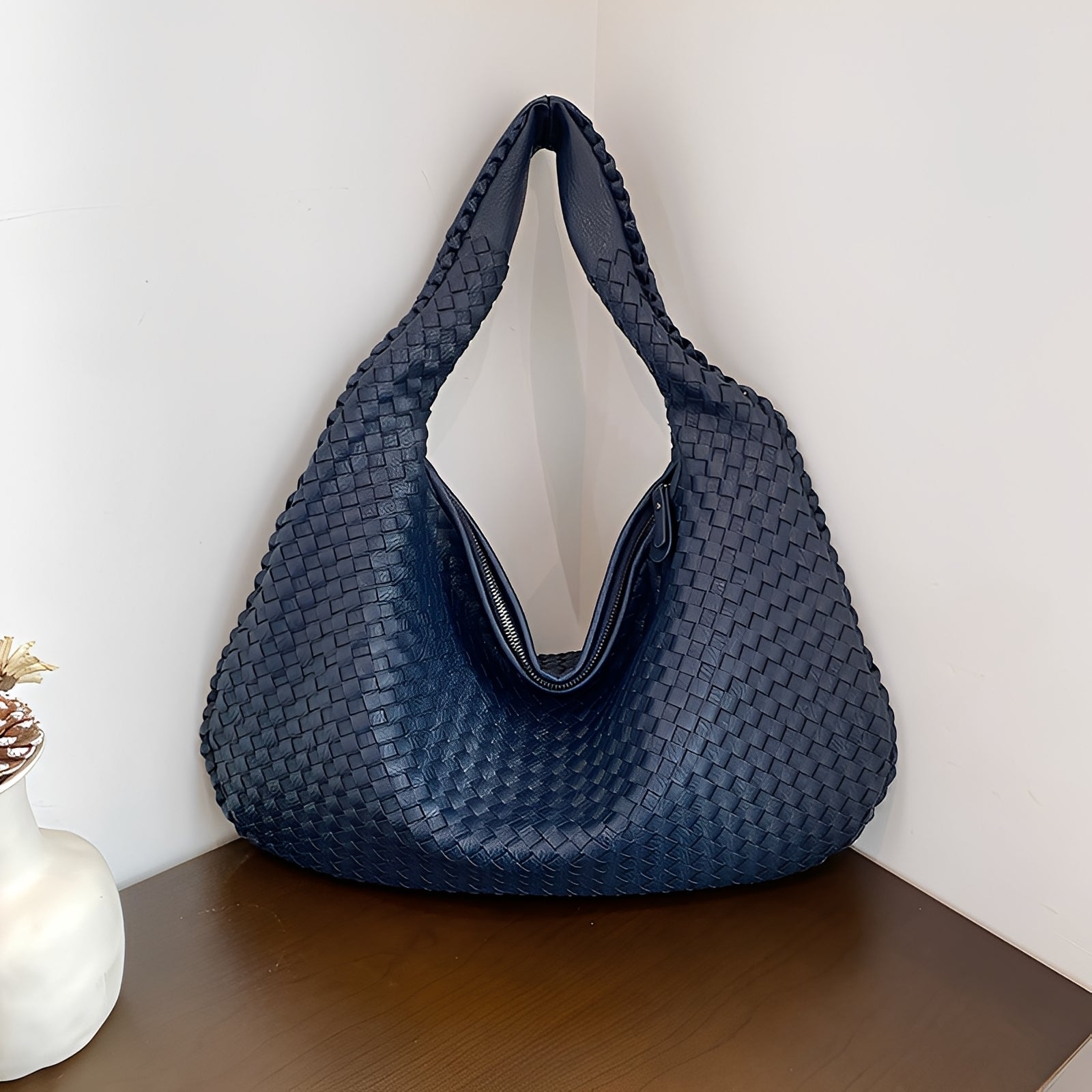 Women's faux leather shoulder bag with wide strap, rear view