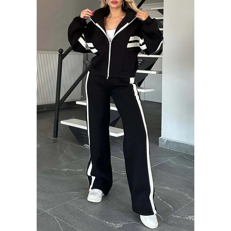 Women's matching set with zip-front stand-collar jacket and wide-leg trousers for everyday wear