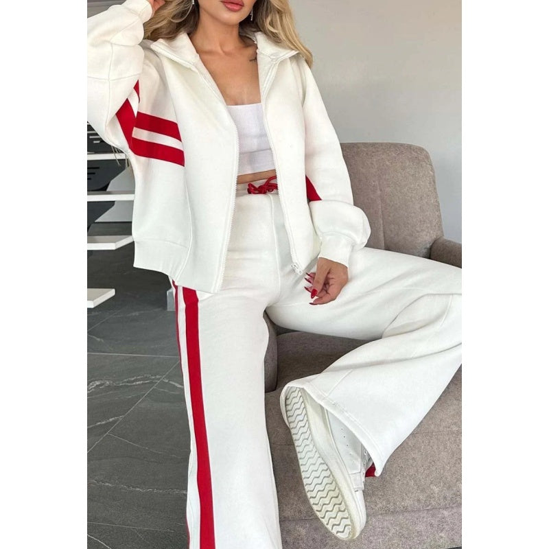 Cotton-blend women's two-piece set with side-pocket jacket and coordinating wide-leg pants
