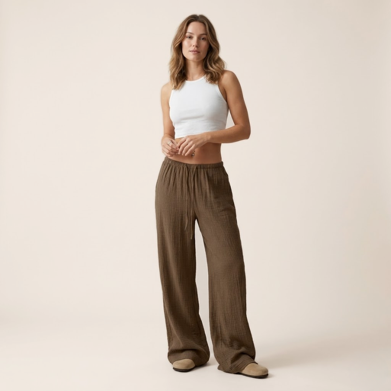 Women's wide-leg pants with elastic drawstring waist in a relaxed everyday silhouette