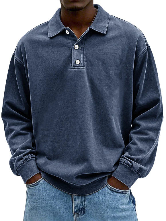 Men's polo sweatshirt with relaxed fit, long sleeves, and classic polo collar