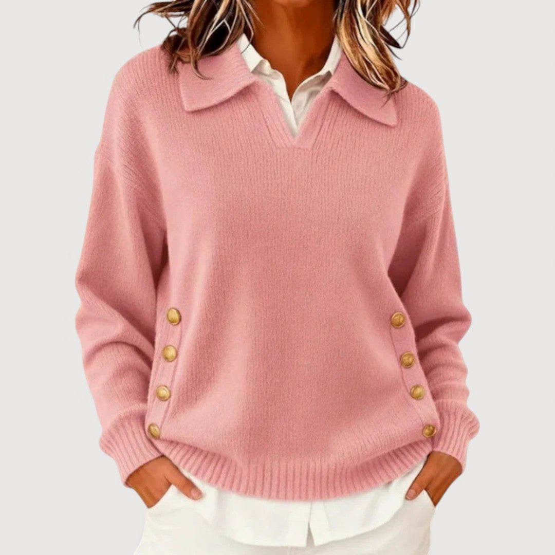 Women's elegant knit sweater with button accents, ribbed cuffs, and V-neckline