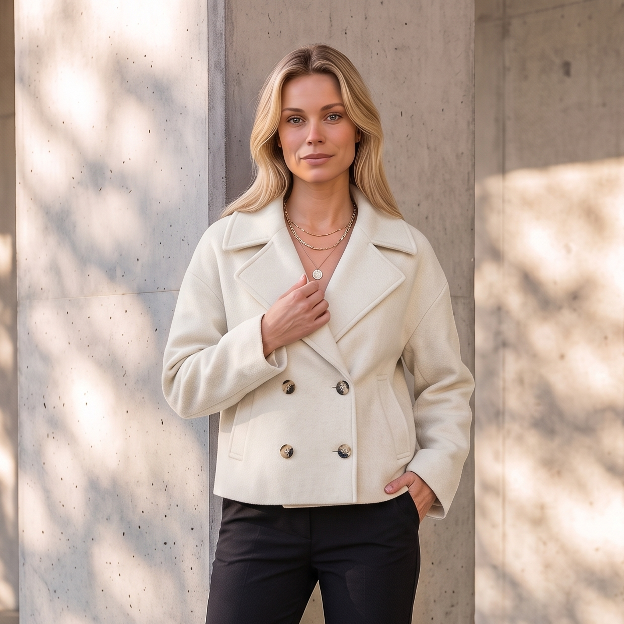 Women's structured short coat with wide lapel collar and double-breasted front