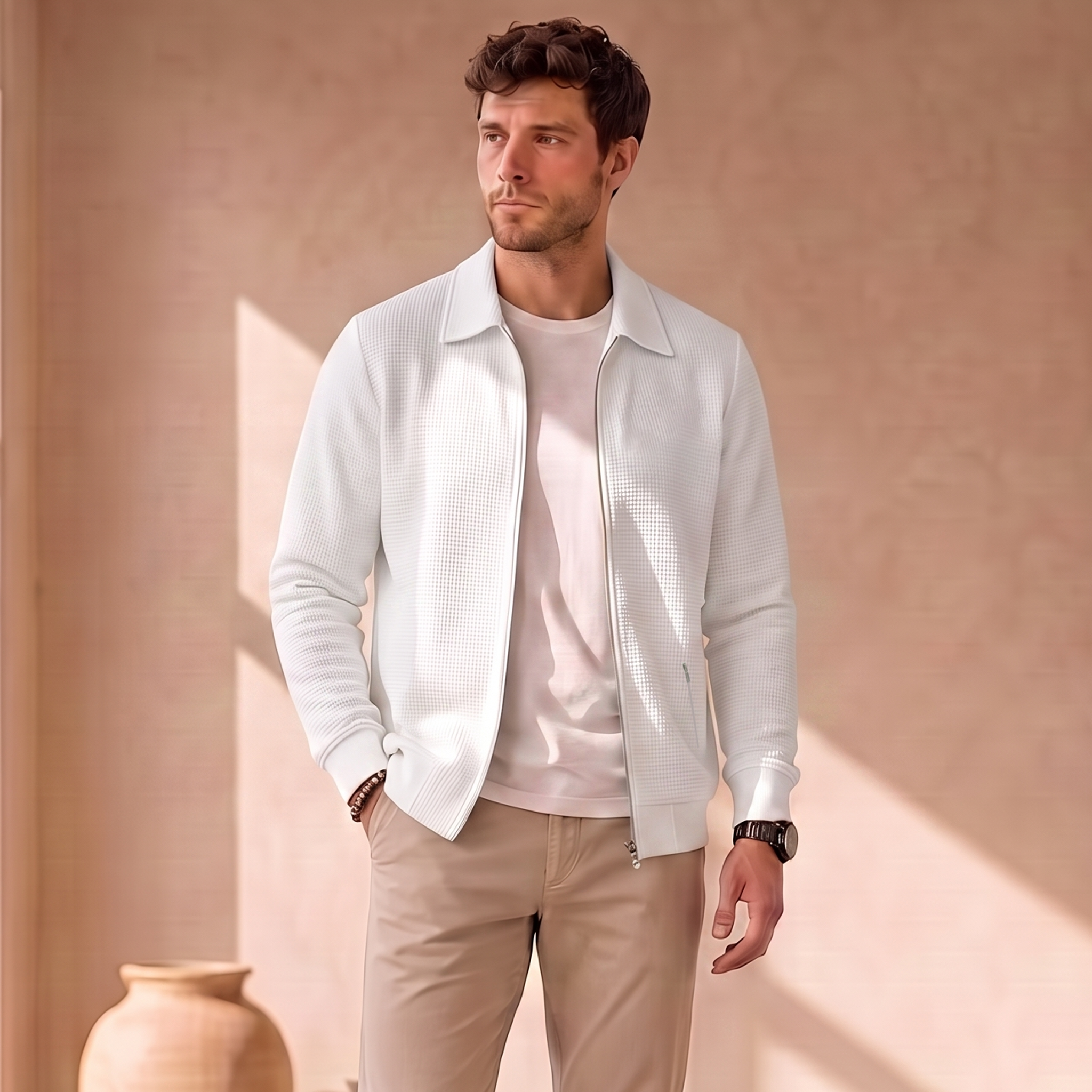 Knitted men's jacket featuring a full-length front zipper, classic collar, and ribbed cuffs