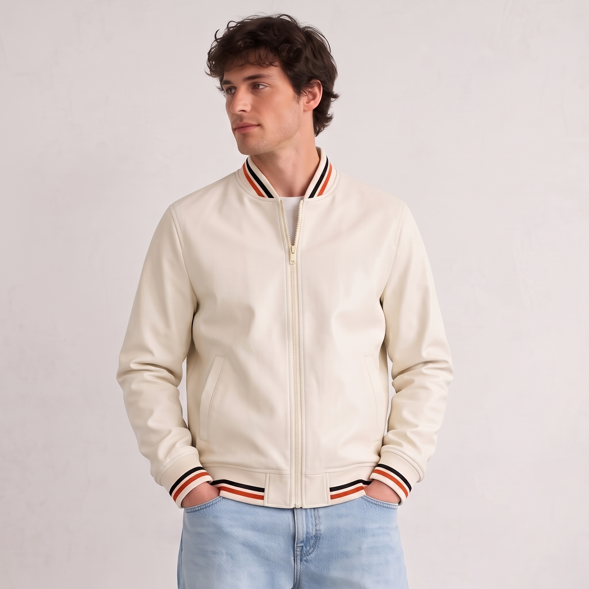 Men's minimalist bomber jacket with ribbed striped collar, cuffs, and hem