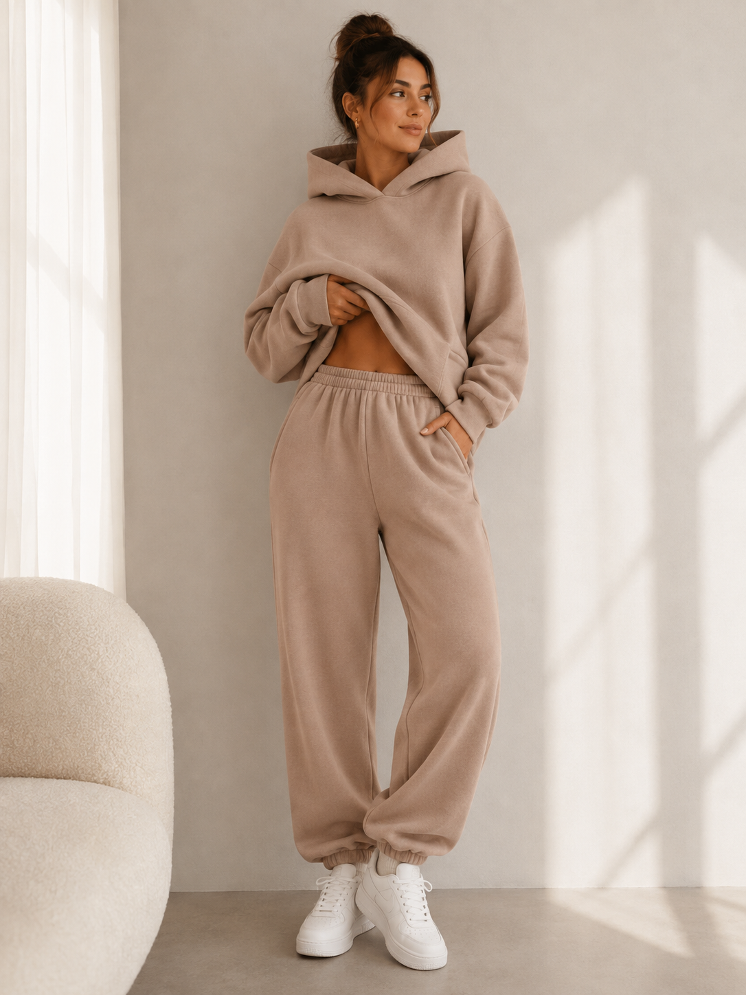 Beige oversized hoodie tracksuit jogger set women