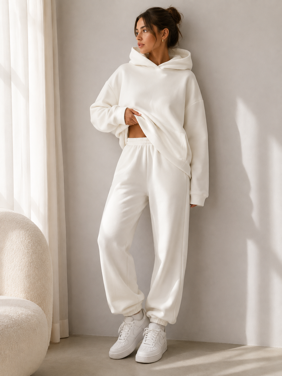 White oversized hoodie tracksuit jogger set women