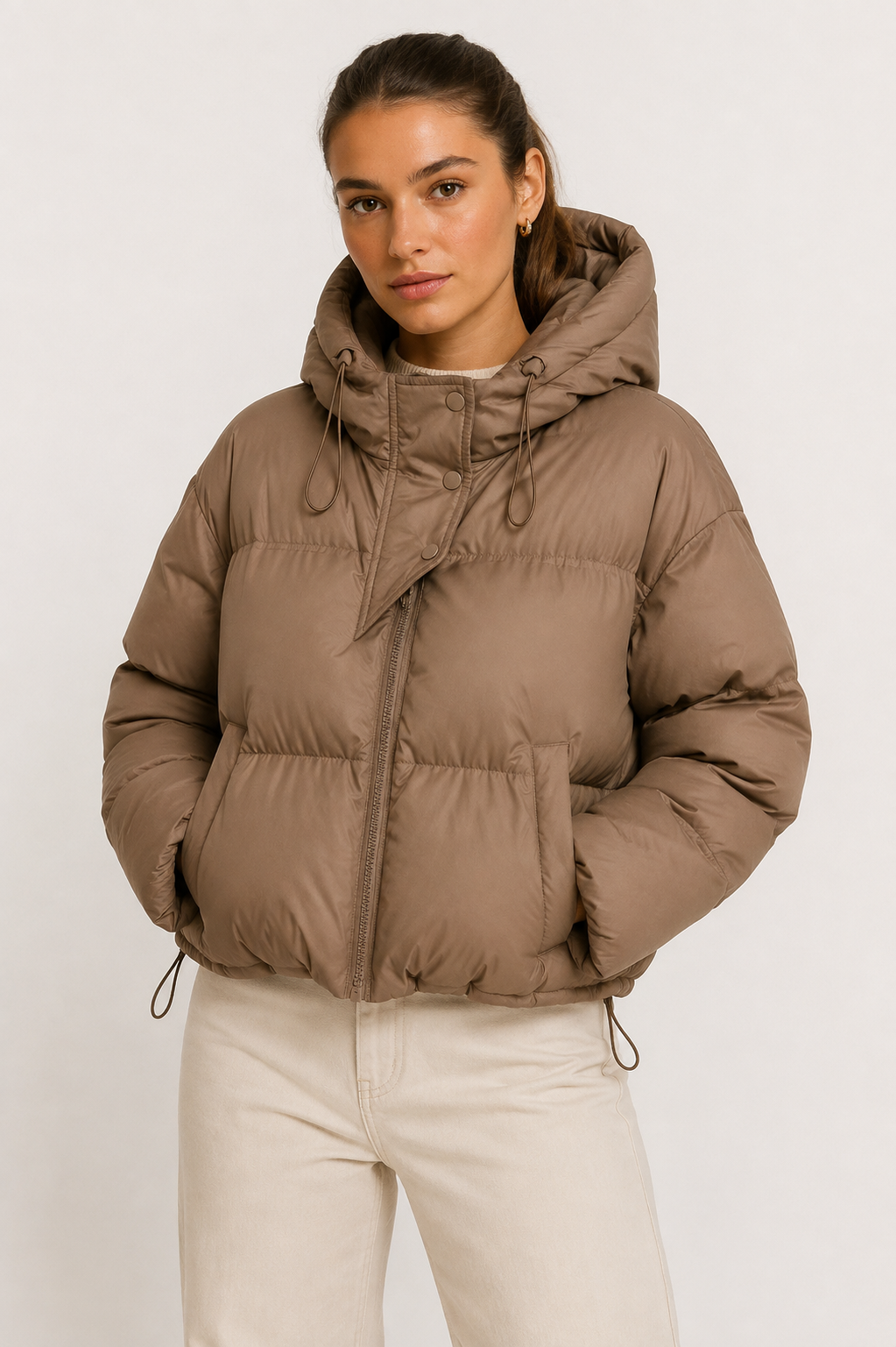 Taupe quilted puffer jacket hooded women front view
