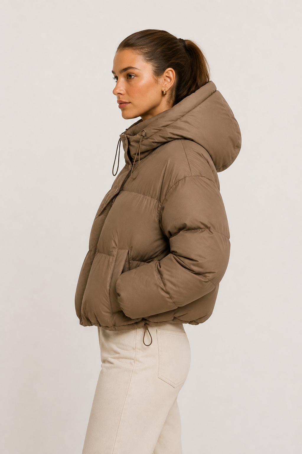 Taupe quilted puffer jacket hooded women side view
