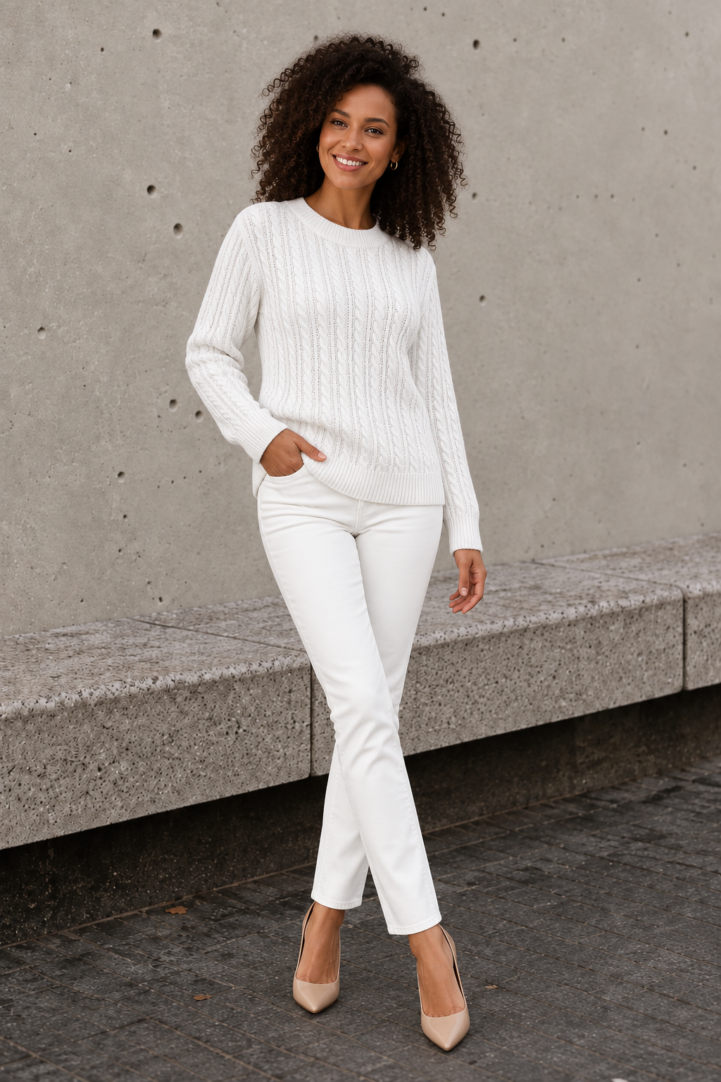 Women's white cable knit sweater with ribbed hem, full-length view with white jeans