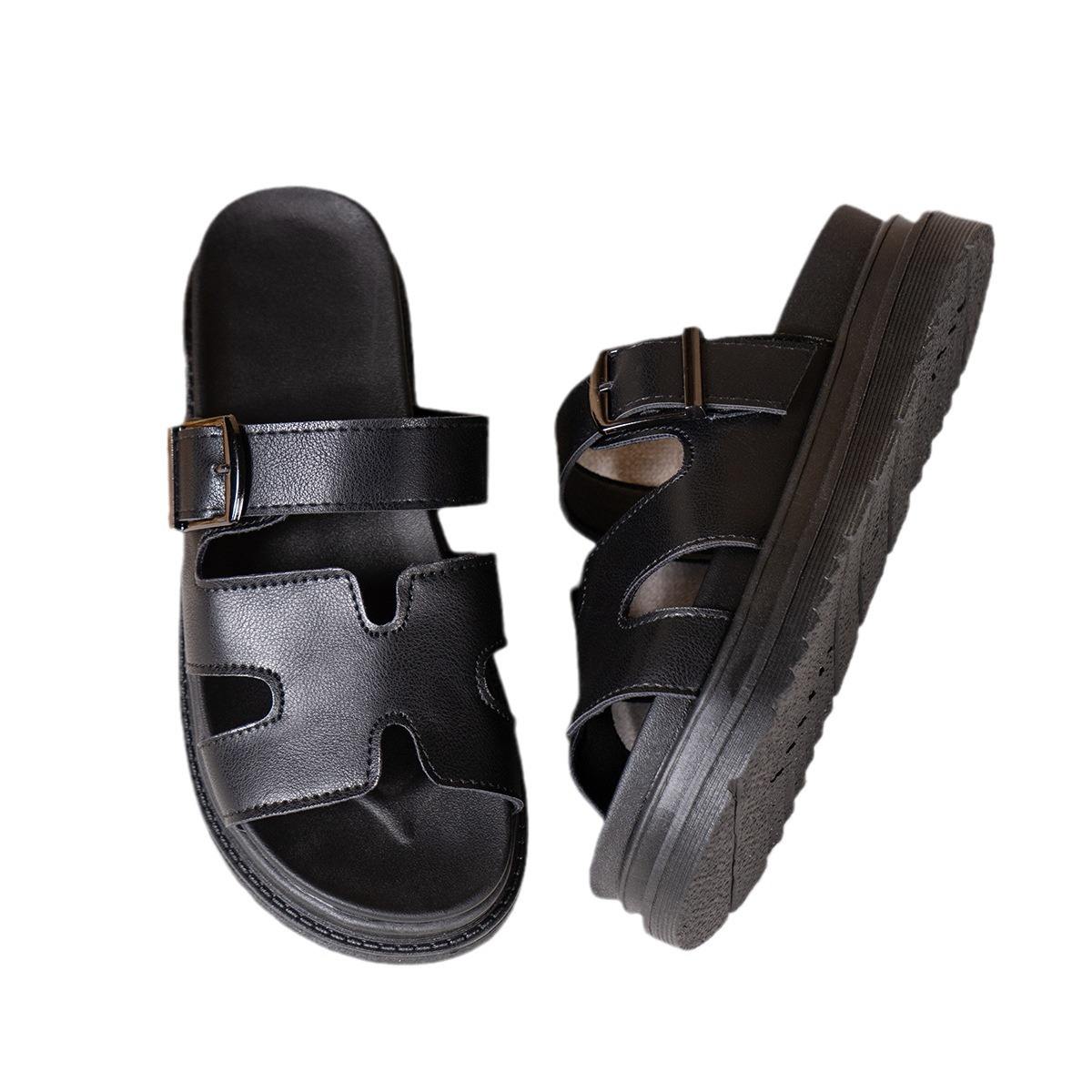 Black chunky platform sandals women side and top product view