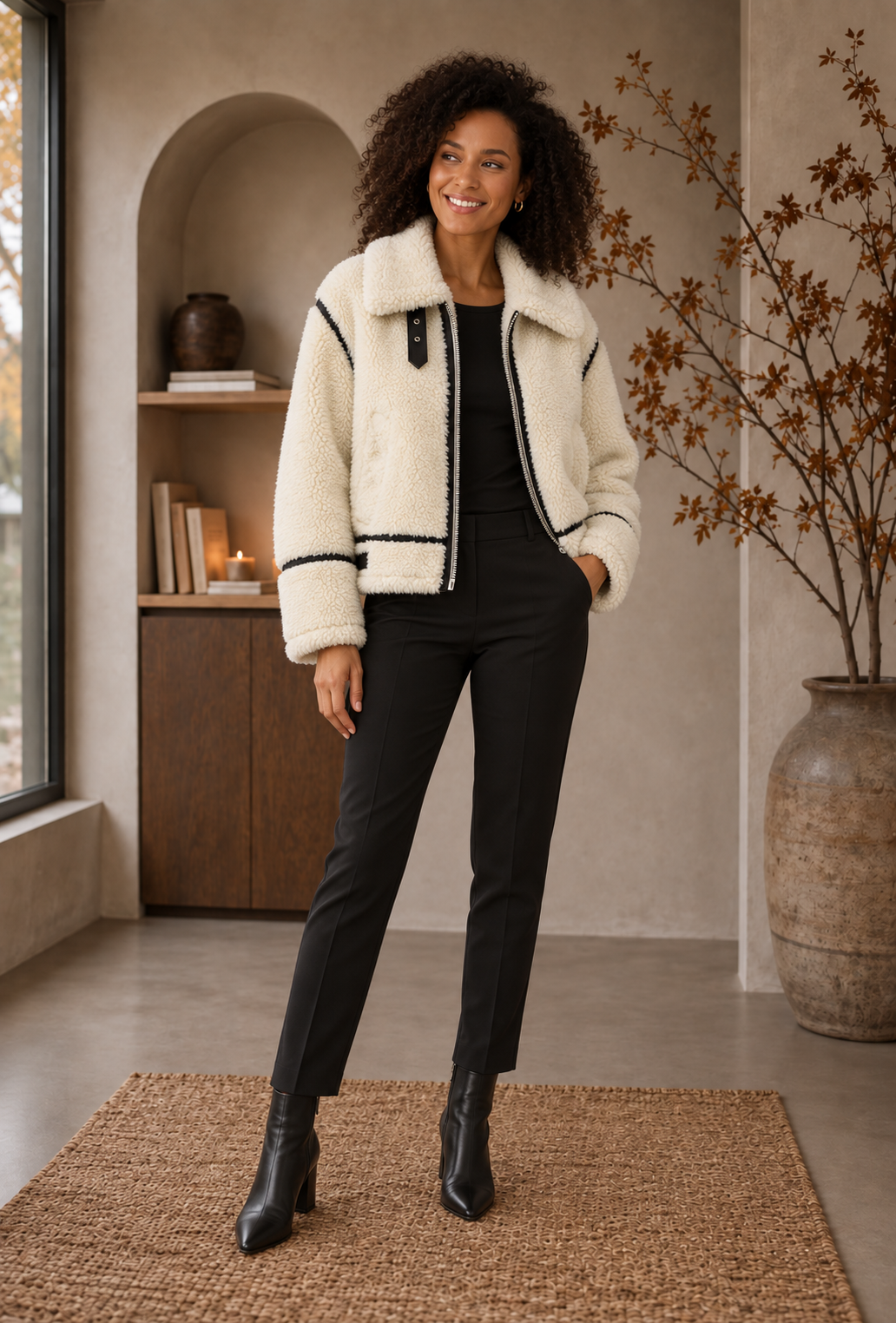 Women's cream cropped teddy jacket worn open over black top and trousers, full-length view