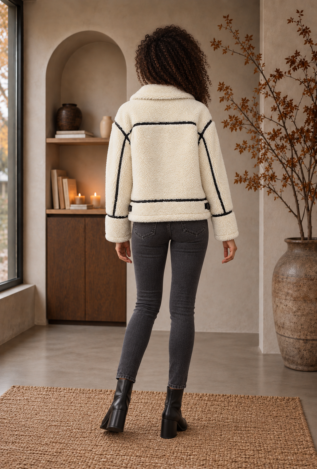 Women's cream teddy jacket with black contrast piping across back yoke and hem, back view