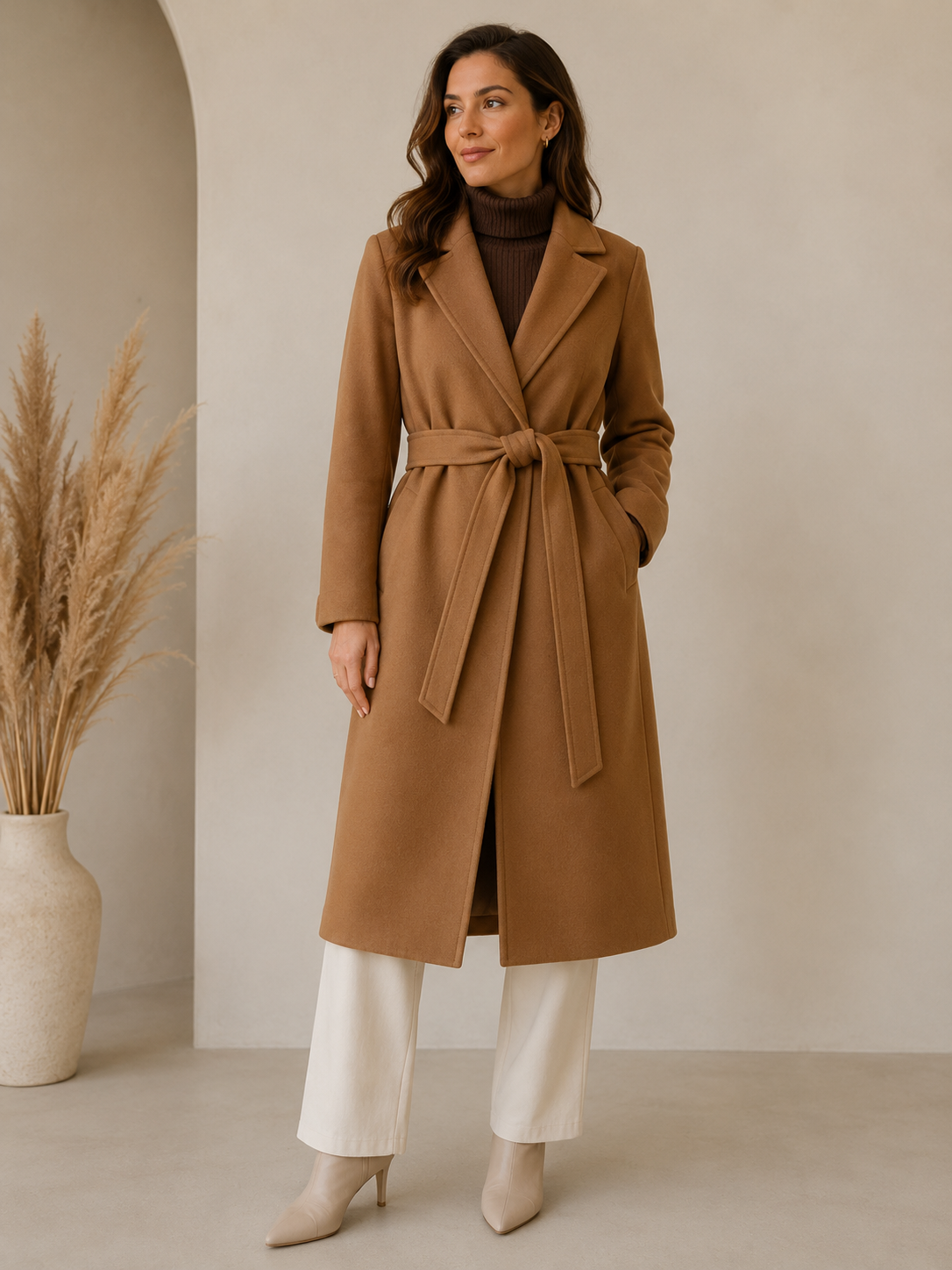 Women's wool belted overcoat in camel color