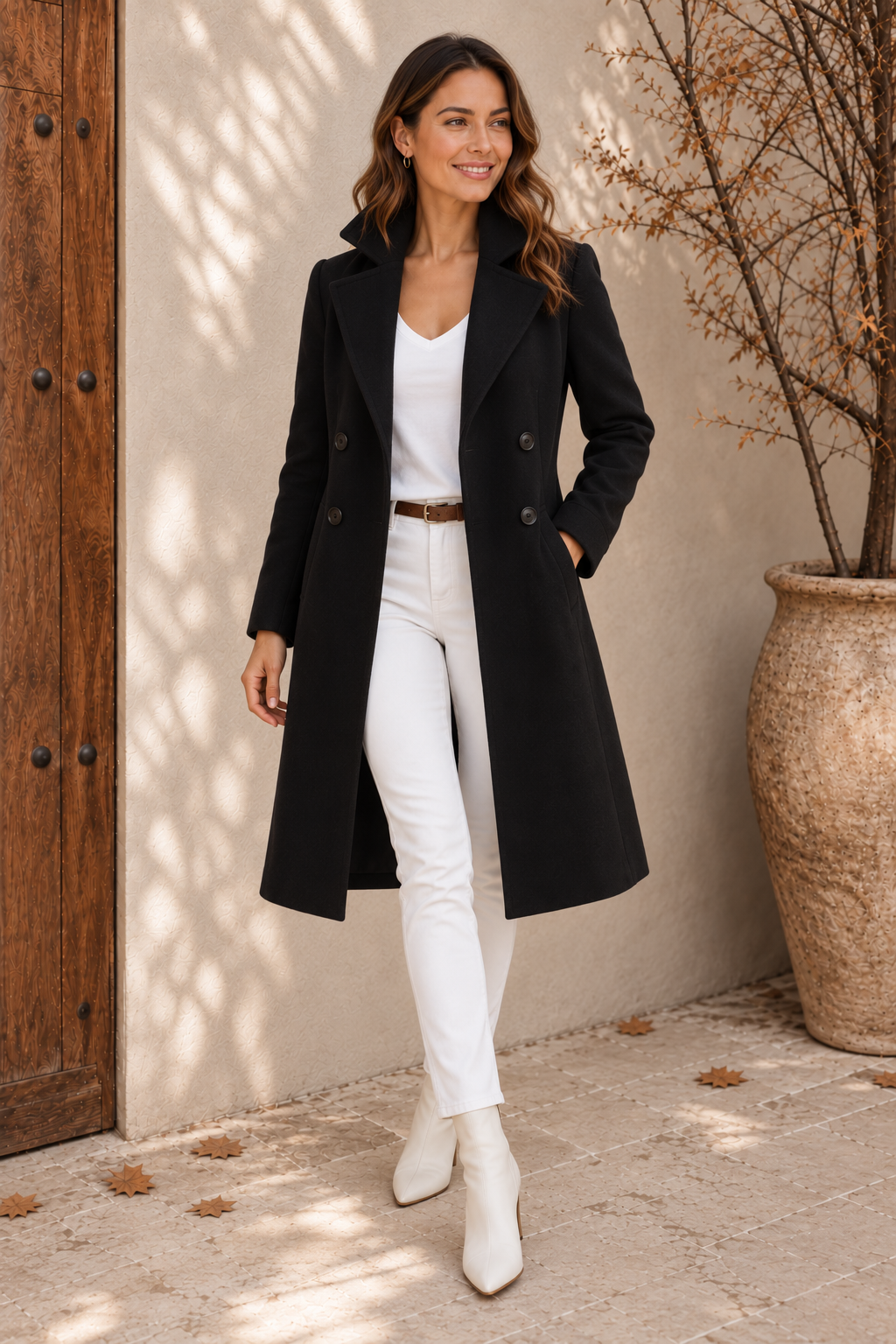 Women's black tailored double-breasted coat with hand in pocket, full-length view