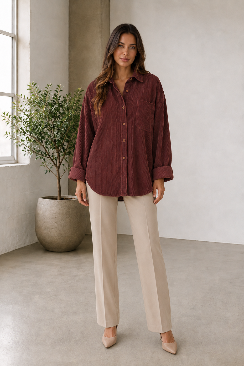 Oversized corduroy shirt with button up front