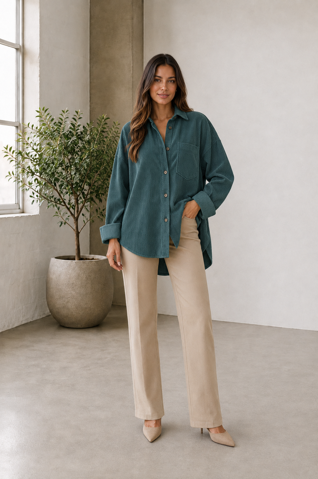 Ribbed corduroy shirt with curved hem