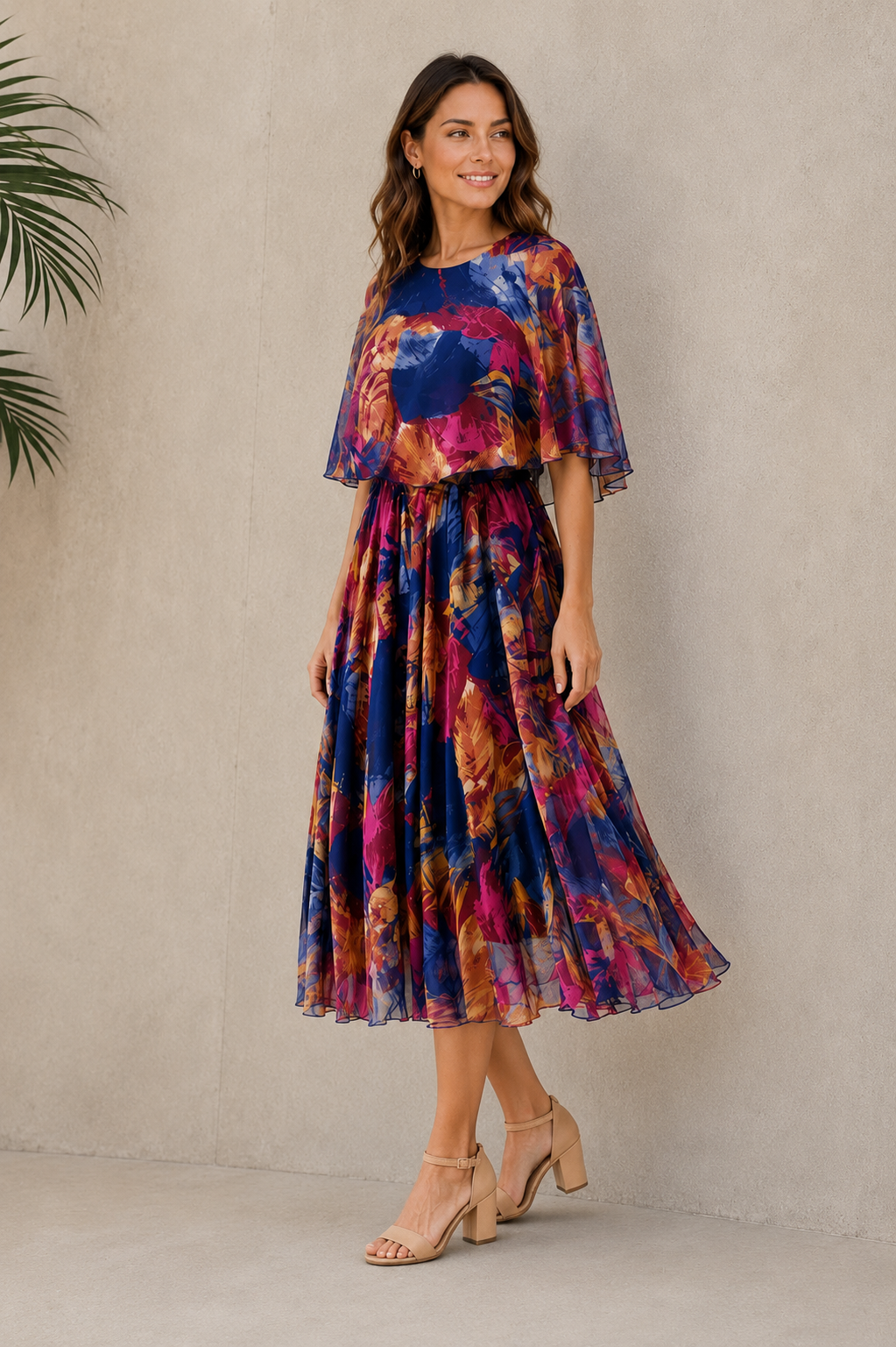 Lightweight chiffon dress with multicolored pattern and flowing midi skirt