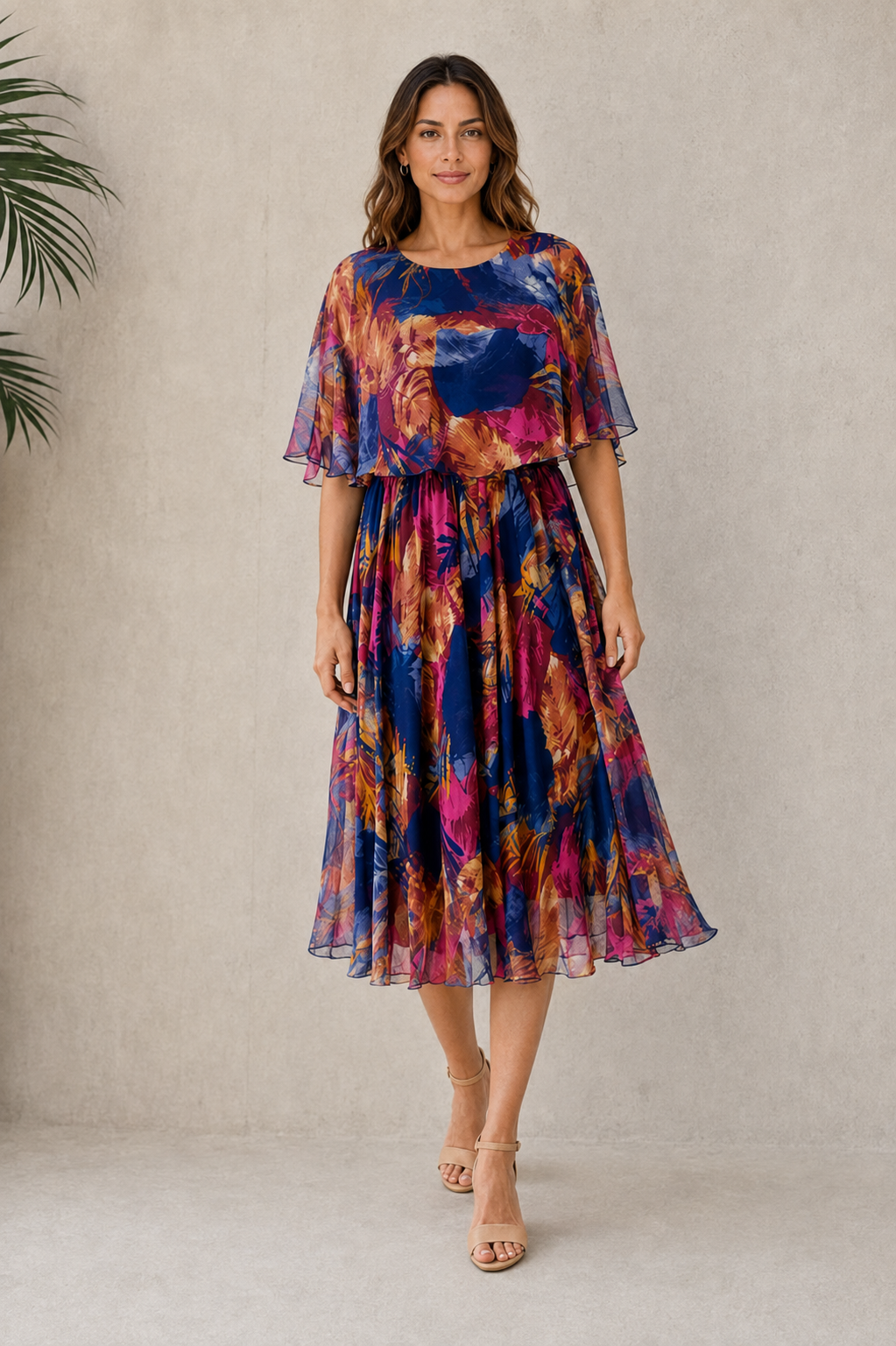 Women's patterned chiffon midi dress with ruffled sleeves and tie belt