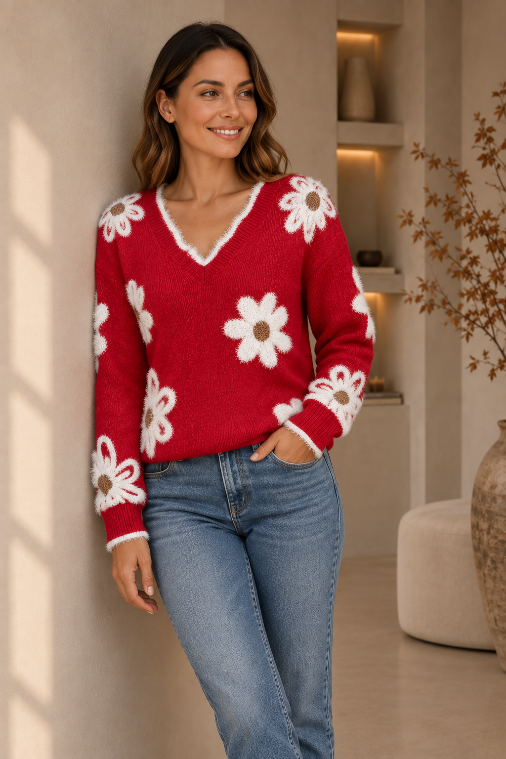 Red floral V-neck knit sweater for women – front view