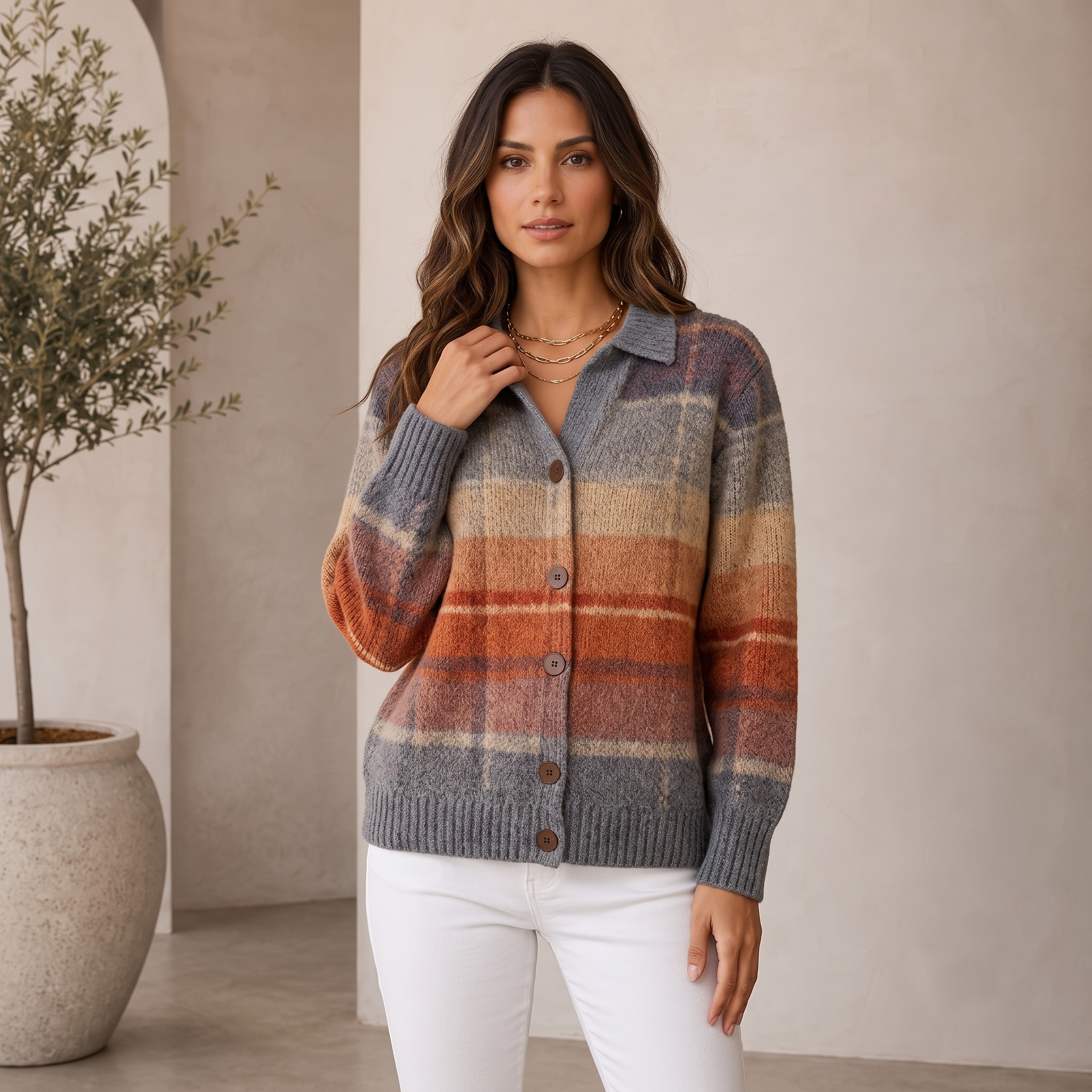 Women's wool-blend plaid knit cardigan with front button closure