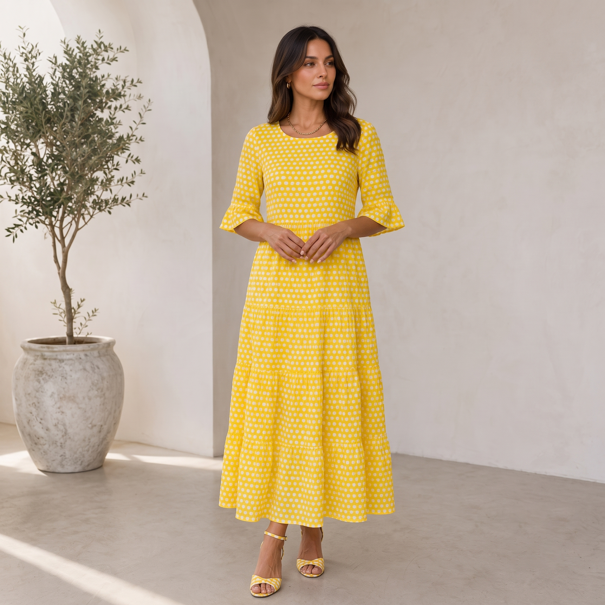 Polka dot midi dress with multi-tiered ruffles and relaxed round-neck silhouette for women