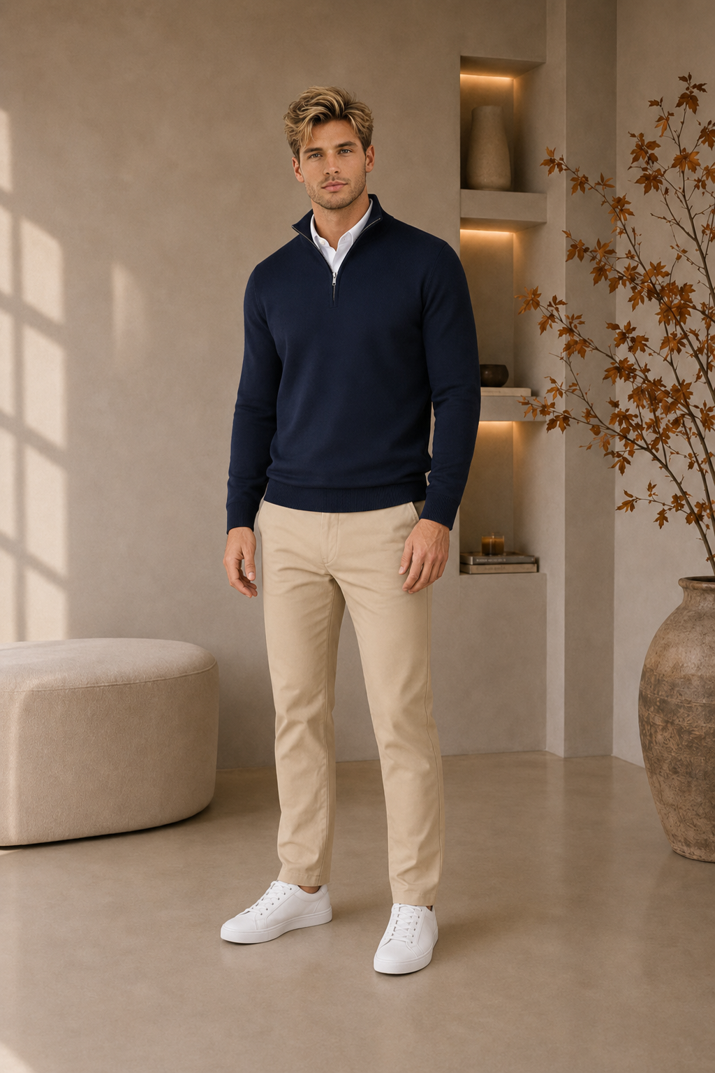 Men's cotton blend quarter-zip knitted sweater with stand-up collar and long sleeves