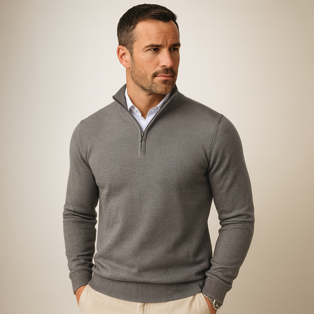 Men's cotton blend quarter-zip sweater with long sleeves and stand-up collar in regular fit