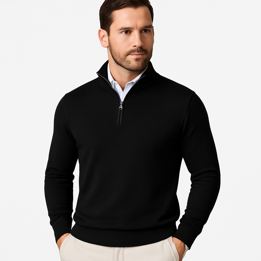 Cotton blend men's sweater with quarter-zip neckline, long sleeves, and regular fit silhouette