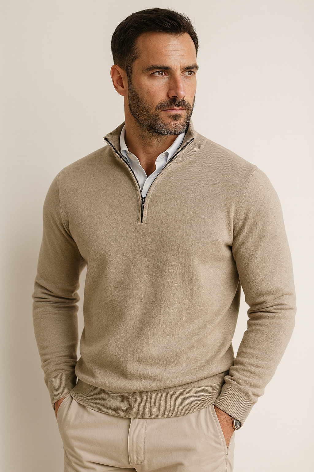 Quarter-zip knitted sweater for men in cotton blend with stand-up collar and regular fit