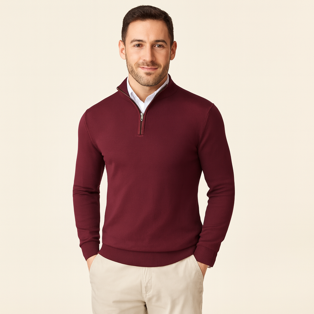 Men's regular fit quarter-zip sweater in cotton blend knit with long sleeves and stand-up collar