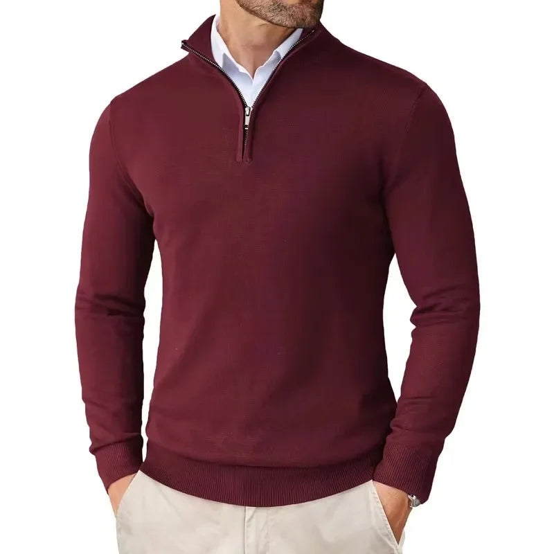 Knitted texture and quarter-zip detail on men's cotton blend sweater with stand-up collar