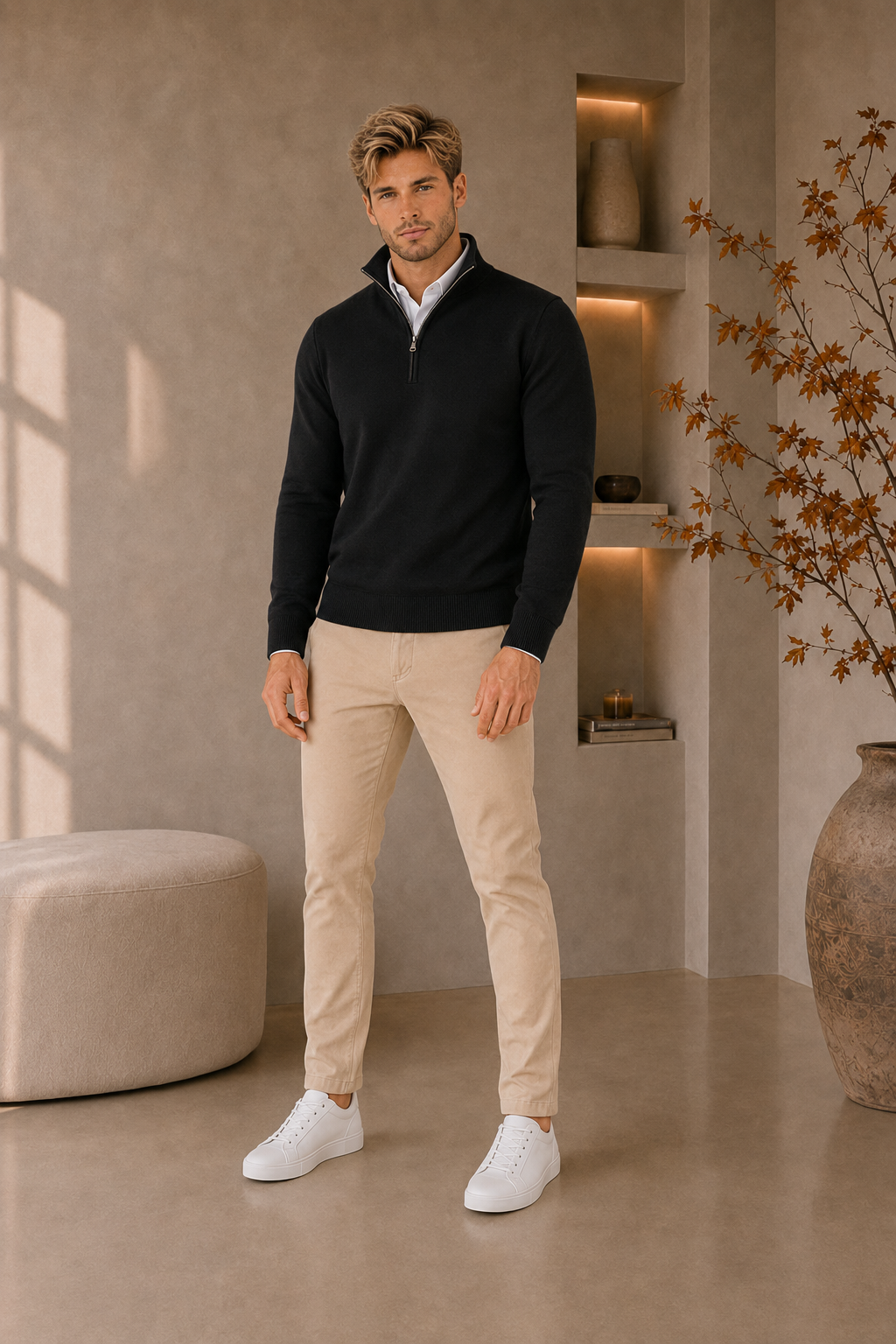 Men's knitted sweater with quarter-zip closure and stand-up collar in cotton blend fabric