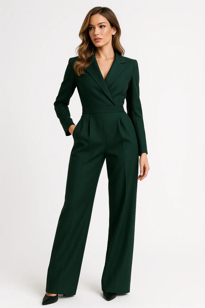 Long-sleeve woven jumpsuit with defined waist and wide-leg cut for women