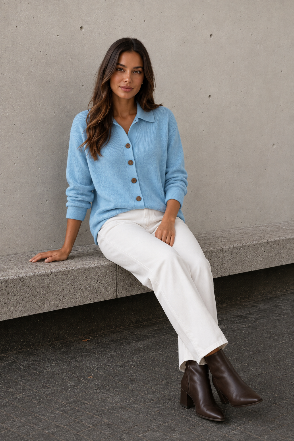 Women's light blue button knit cardigan with long sleeves
