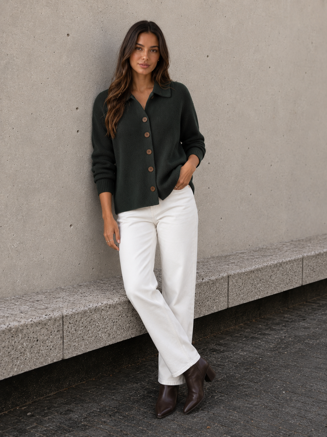 Women's dark gray classic button-front knit cardigan