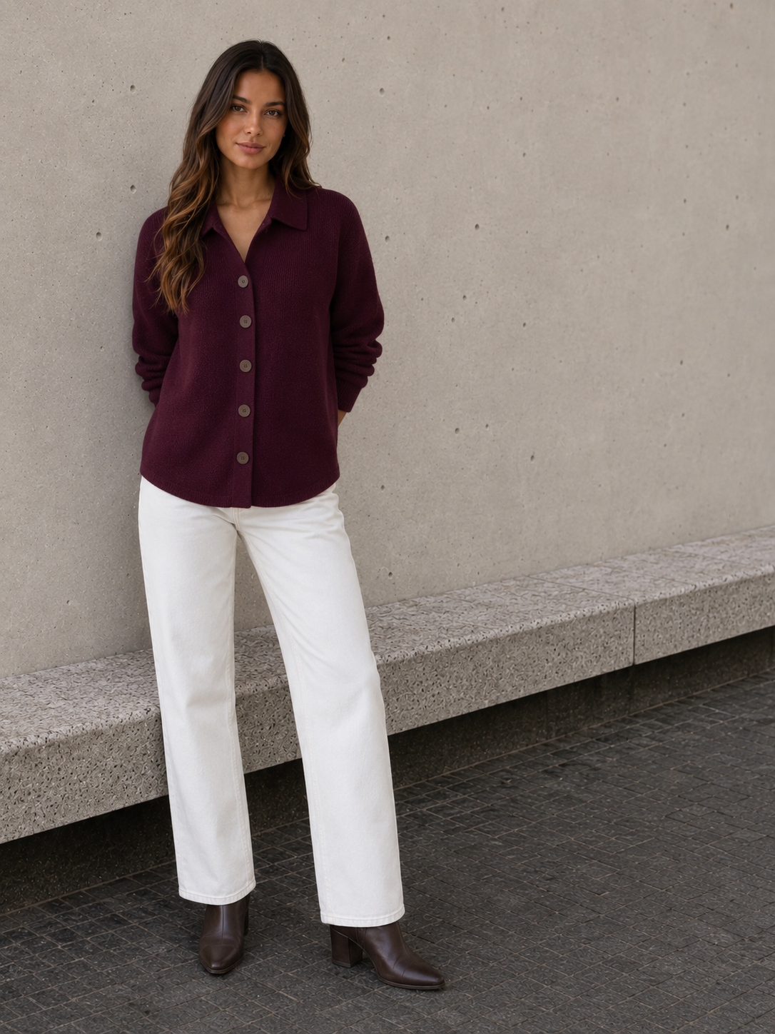 Women's wine red button-front knit cardigan with collared neckline