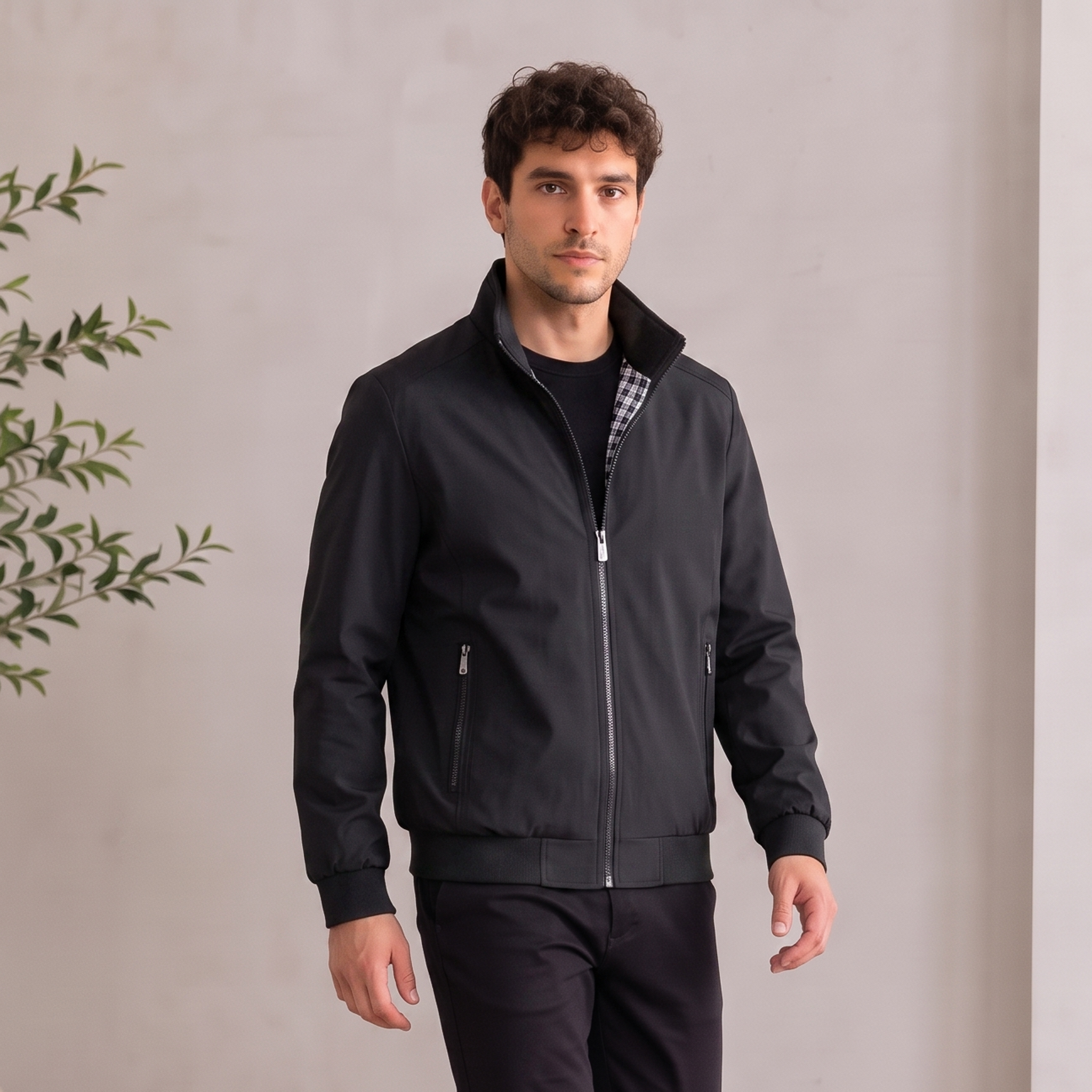 Men's zip-up woven jacket with stand-up collar for autumn and winter