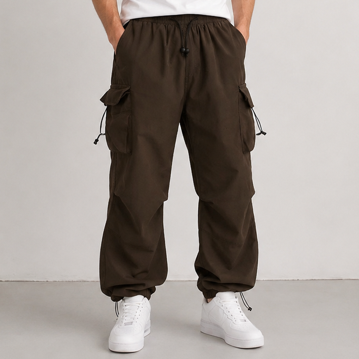 Men's casual cargo pants featuring wide-leg relaxed fit and elastic leg cuffs with drawstring