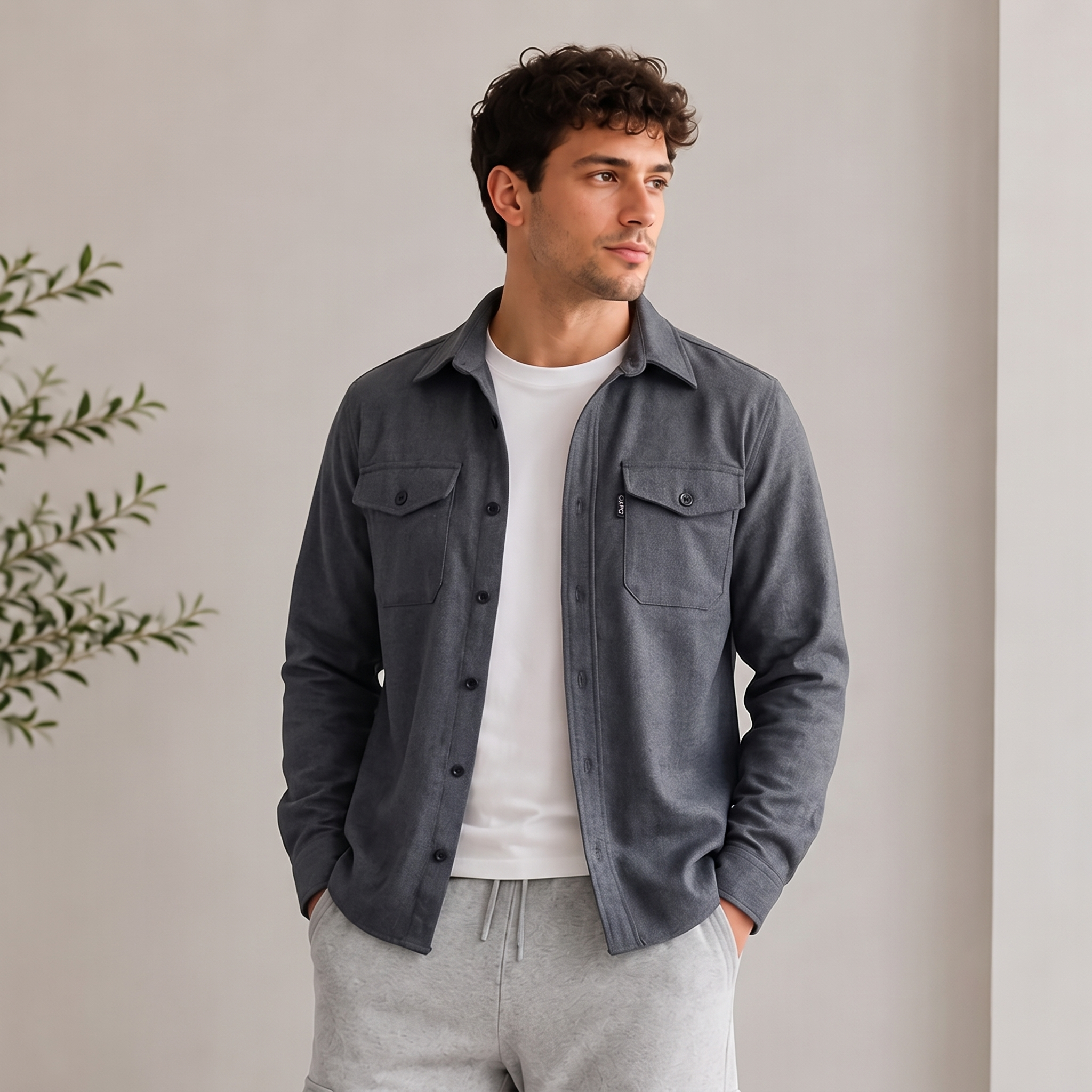 Men's woven overshirt featuring front button closure, long sleeves with button cuffs, and structured silhouette