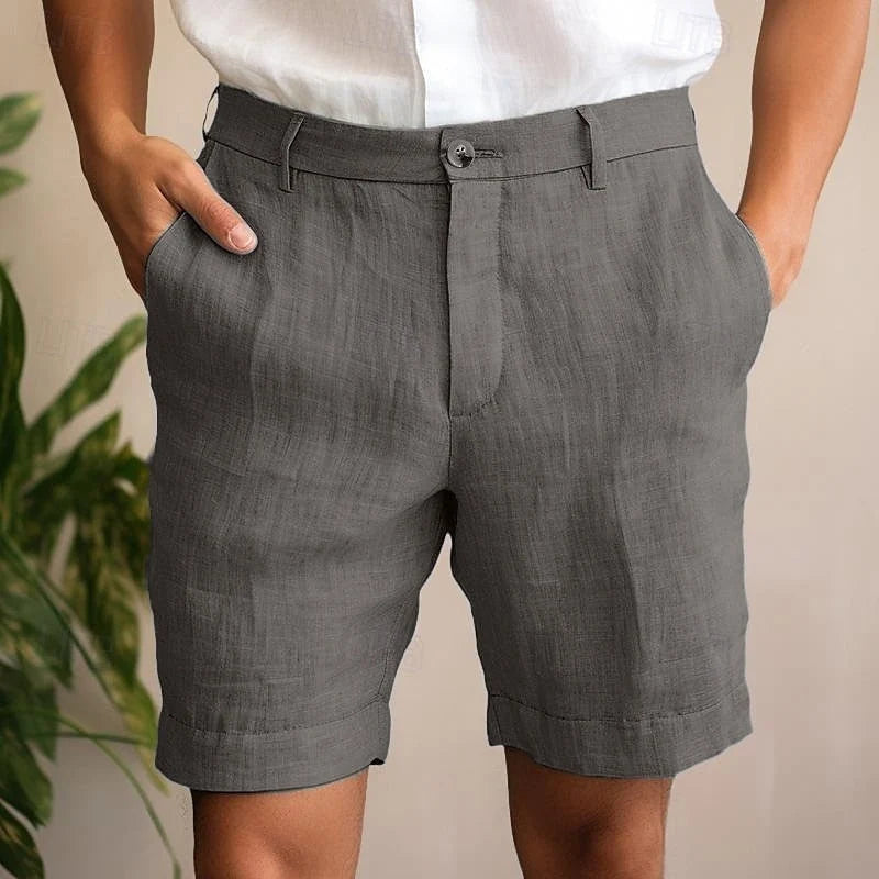 Men's gray linen summer shorts with relaxed fit and side pockets