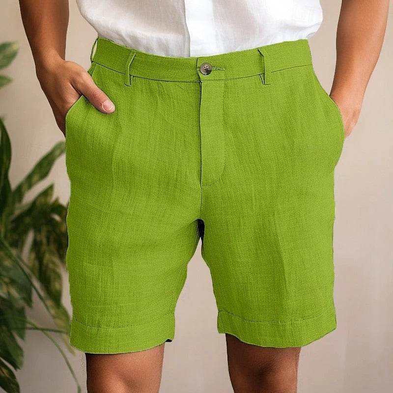 Men's bright green linen summer shorts with straight leg design