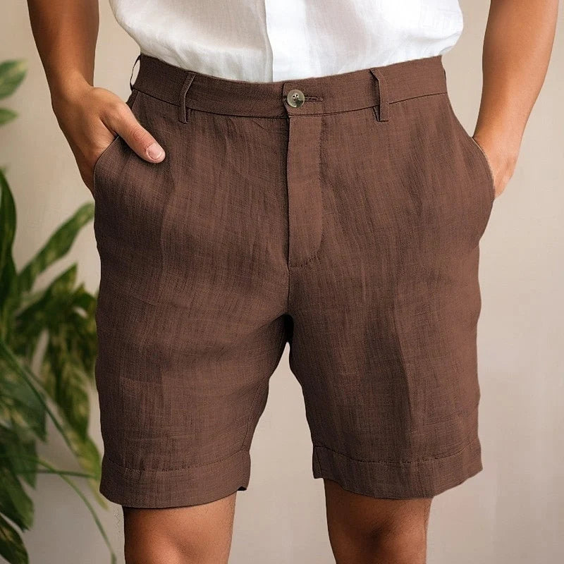 Men's brown linen summer shorts with belt loops and side pockets